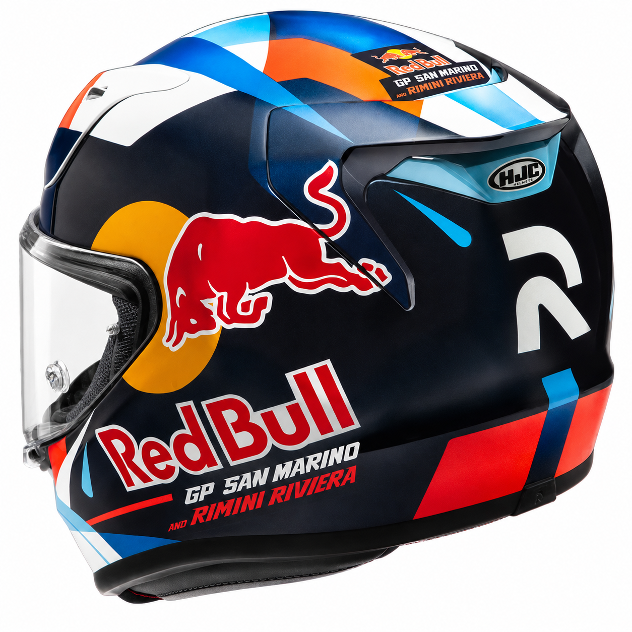 HJC RPHA 12 Red Bull Misano GP 2 MC21 White / Red / Blue, alternate full-face motorcycle helmet angle on white background