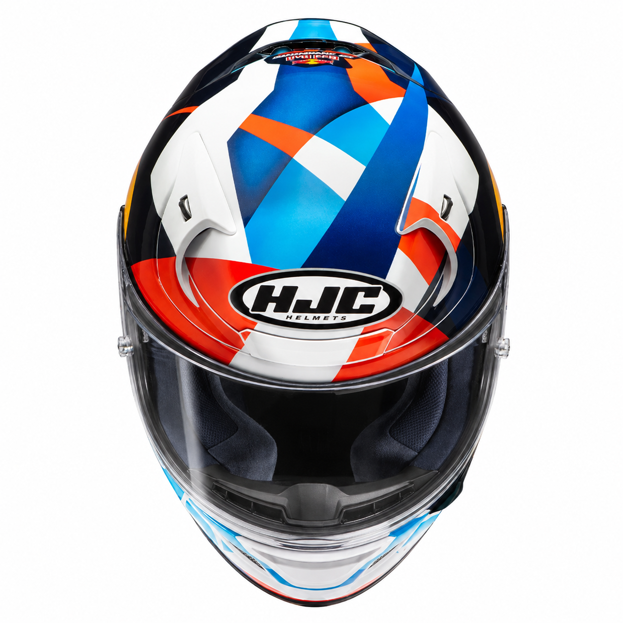 HJC RPHA 12 Red Bull Misano GP 2 MC21 White / Red / Blue, alternate full-face motorcycle helmet angle on white background