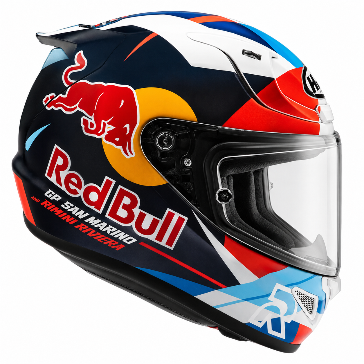 HJC RPHA 12 Red Bull Misano GP 2 MC21 White / Red / Blue, alternate full-face motorcycle helmet angle on white background