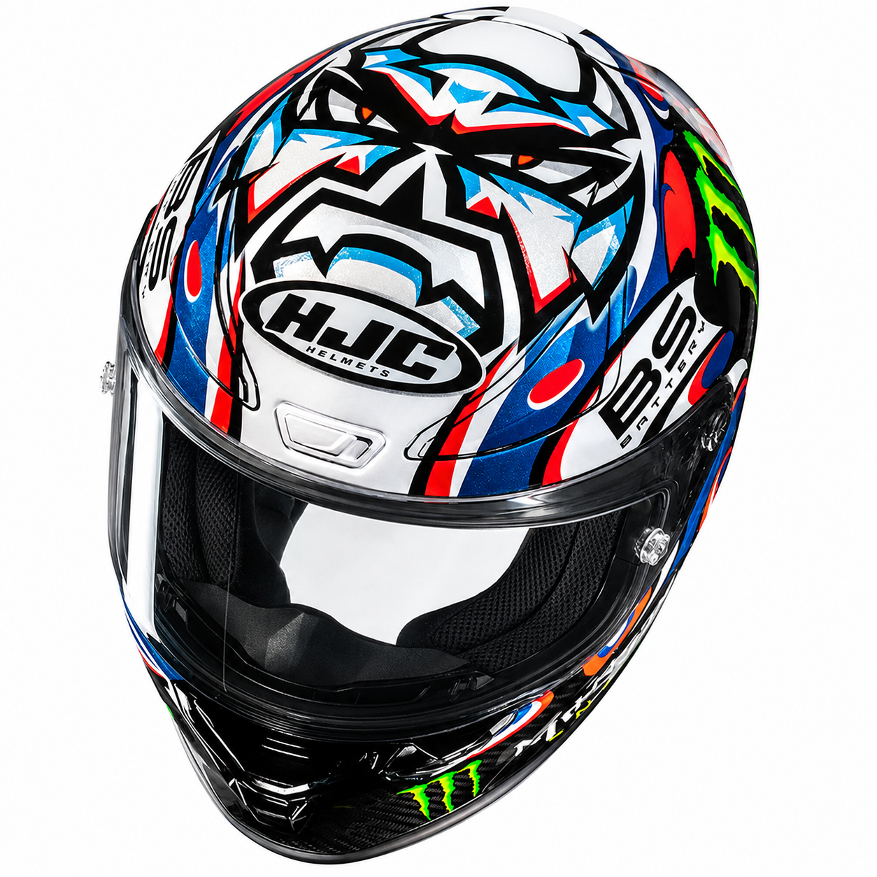 HJC RPHA 1 V2 Carbon Quartararo Le Mans 3 MC21 White / Red / Blue, alternate full-face motorcycle helmet angle on white background