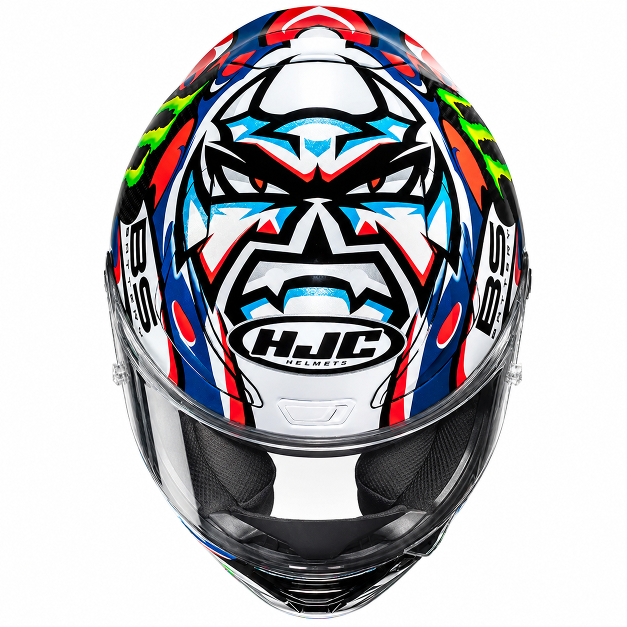 HJC RPHA 1 V2 Carbon Quartararo Le Mans 3 MC21 White / Red / Blue, alternate full-face motorcycle helmet angle on white background
