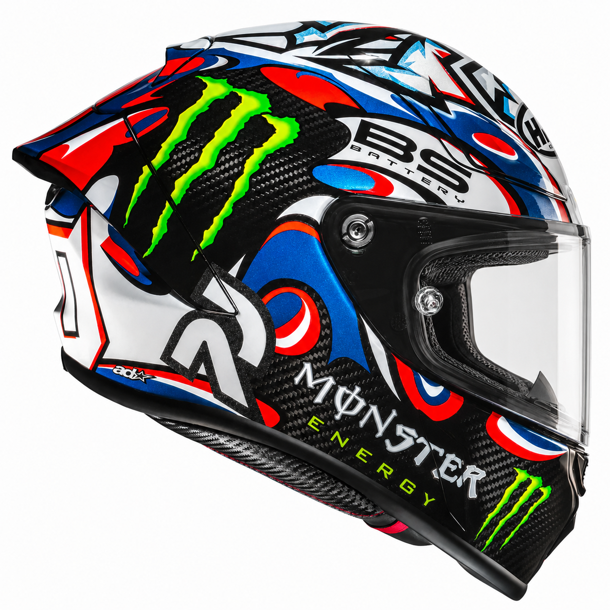 HJC RPHA 1 V2 Carbon Quartararo Le Mans 3 MC21 White / Red / Blue, alternate full-face motorcycle helmet angle on white background