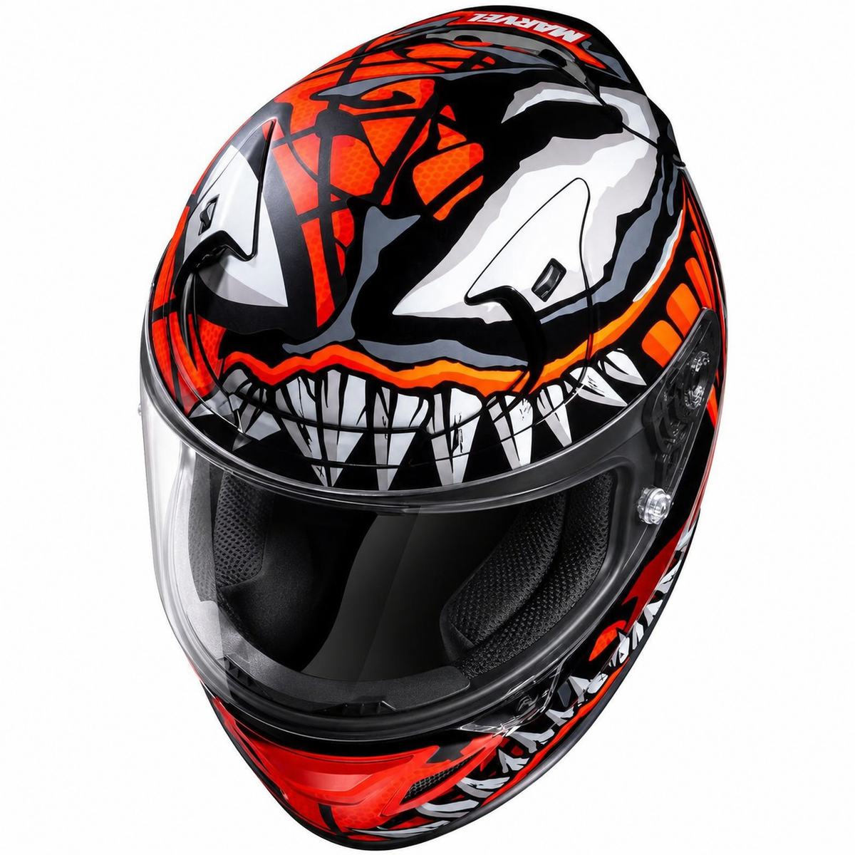 HJC RPHA 12 Maximized Venom Marvel MC1SF Black / Red, alternate full-face motorcycle helmet angle on white background