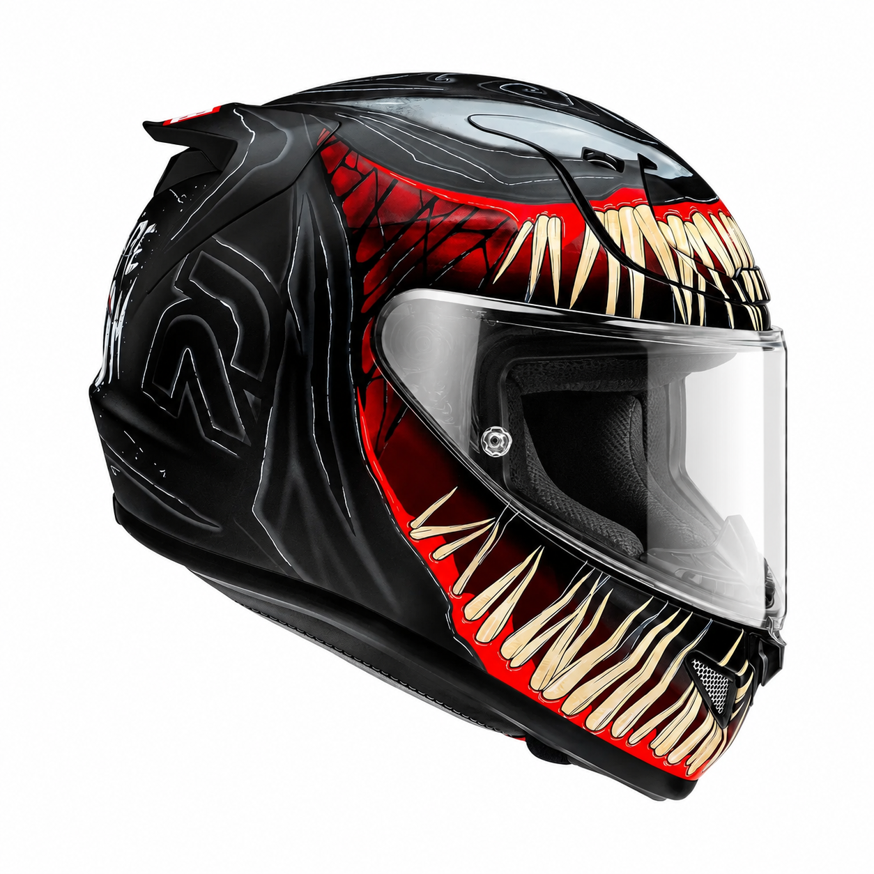 HJC RPHA 12 Venom 3 Marvel MC1SF Black / Red, alternate full-face motorcycle helmet angle on white background