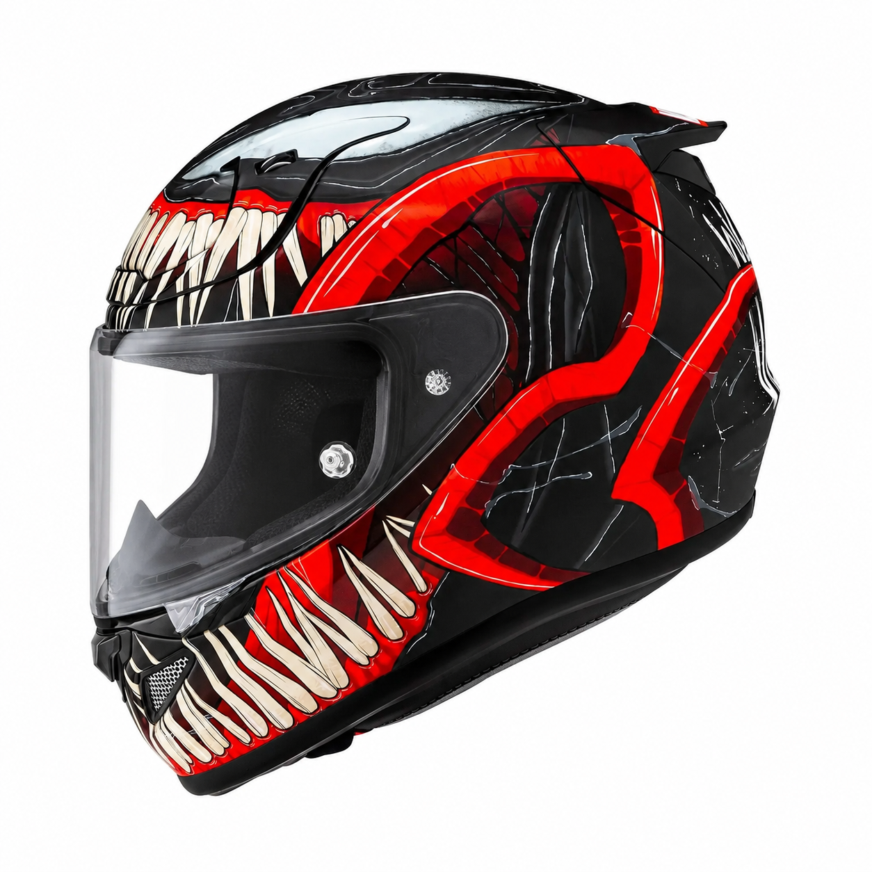 HJC RPHA 12 Venom 3 Marvel MC1SF Black / Red, alternate full-face motorcycle helmet angle on white background