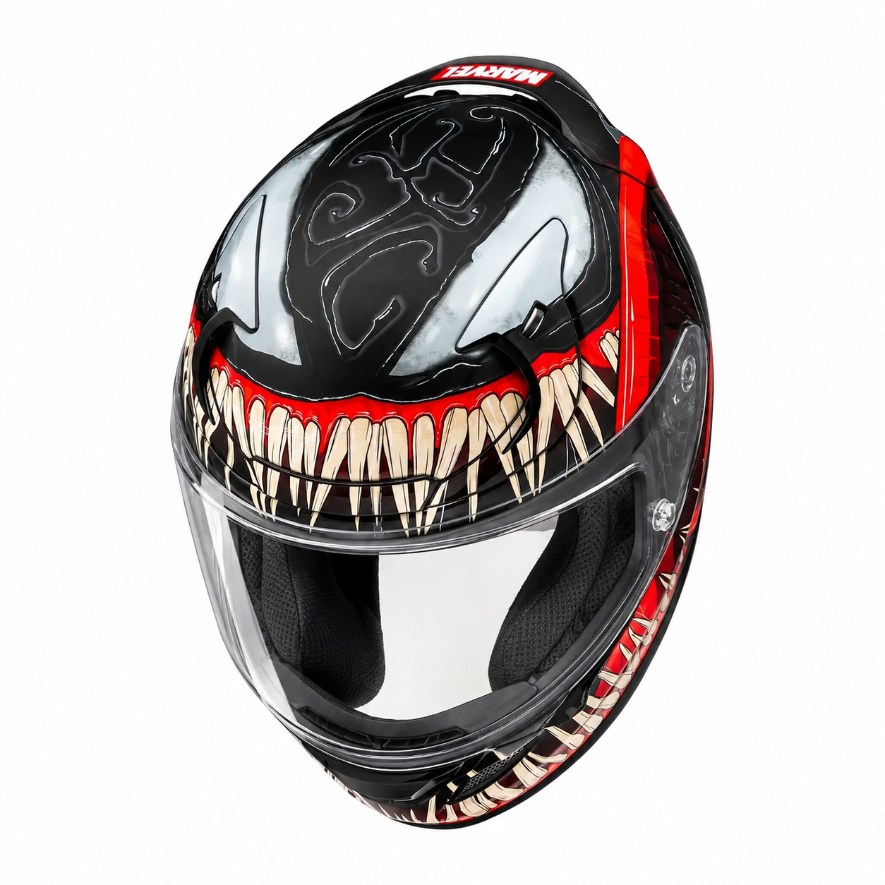 HJC RPHA 12 Venom 3 Marvel MC1SF Black / Red, alternate full-face motorcycle helmet angle on white background