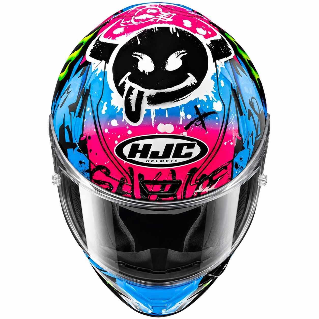 HJC RPHA 1 Quartararo Le Mans Special MC28 Black / Blue / Pink, front view on white background
