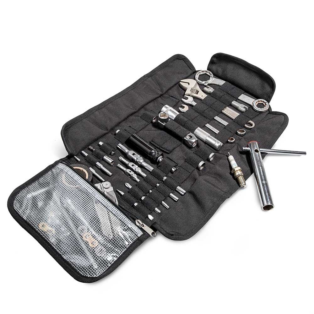 Kriega Tool Roll Bag Black - 550 x 225mm - open with motorcycle tools