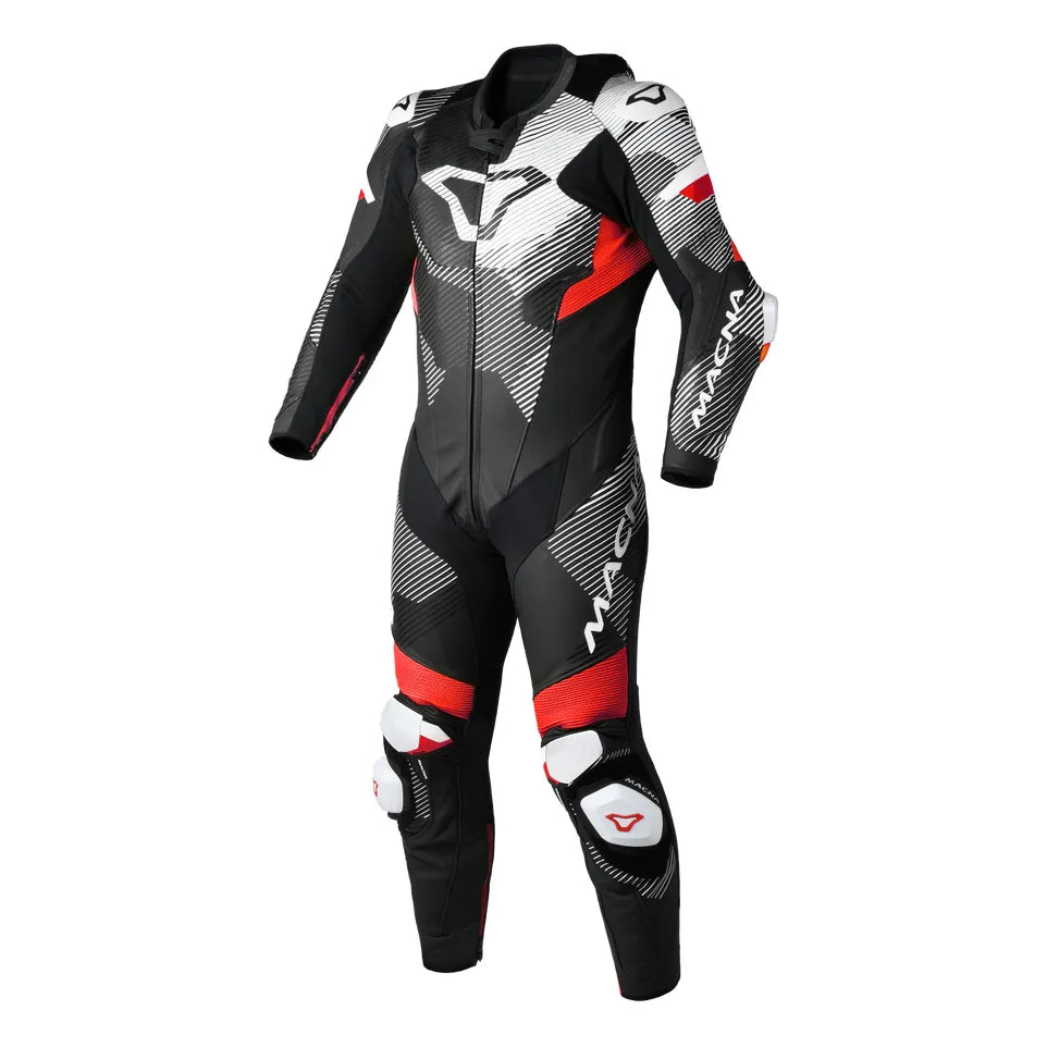 Macna Ignite 1-Piece Leather Suit Black / Red – one-piece motorcycle leather suit front view