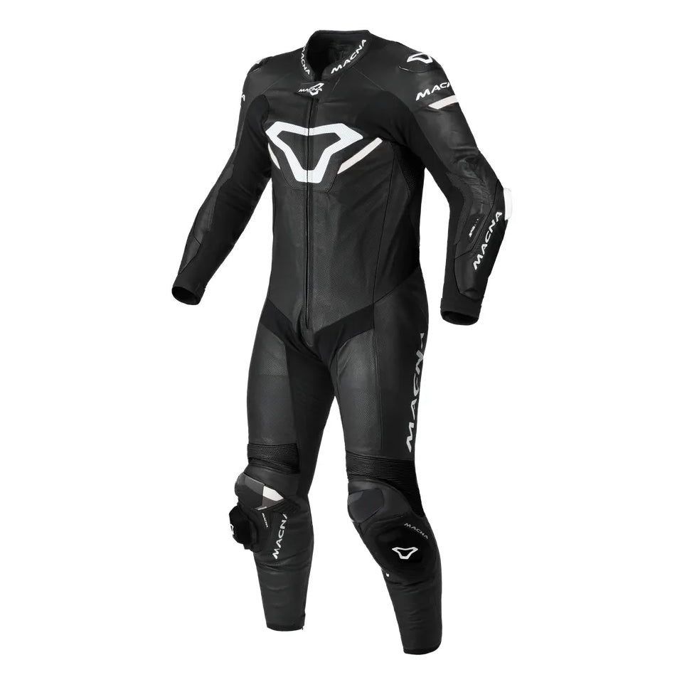Macna Mizuro 1-Piece Leather Suit Black / White – one-piece motorcycle leather suit front view