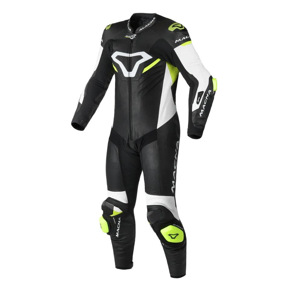 Macna Mizuro 1-Piece Leather Suit Black / Yellow – one-piece motorcycle leather suit front view