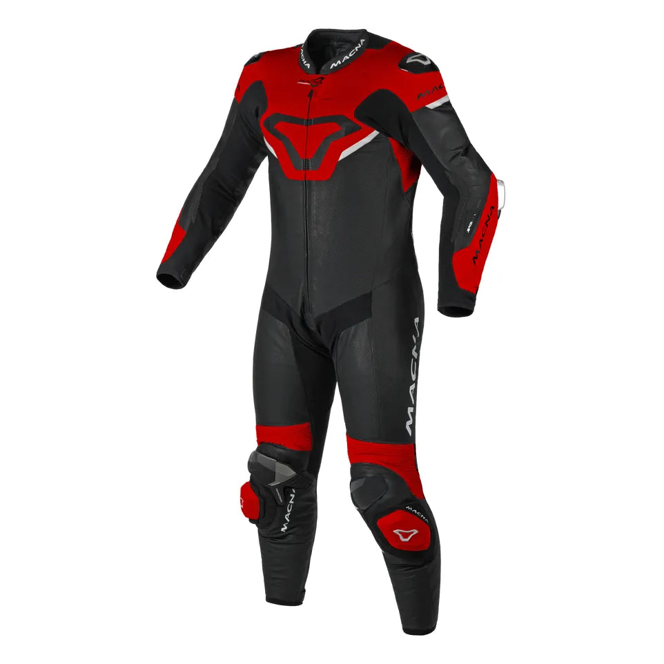 Macna Mizuro 1-Piece Leather Suit Black / Red – one-piece motorcycle leather suit front view