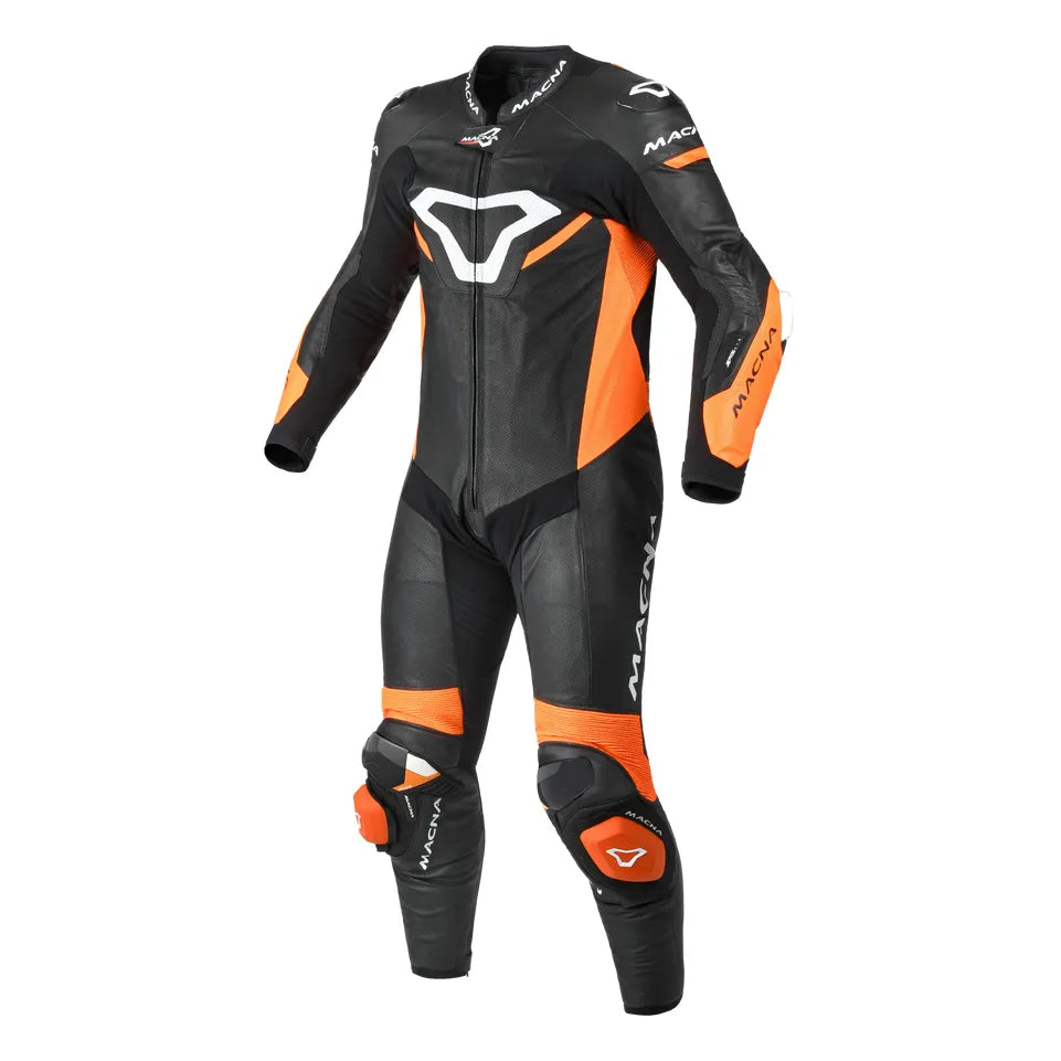 Macna Mizuro 1-Piece Leather Suit Black / Orange – one-piece motorcycle leather suit front view