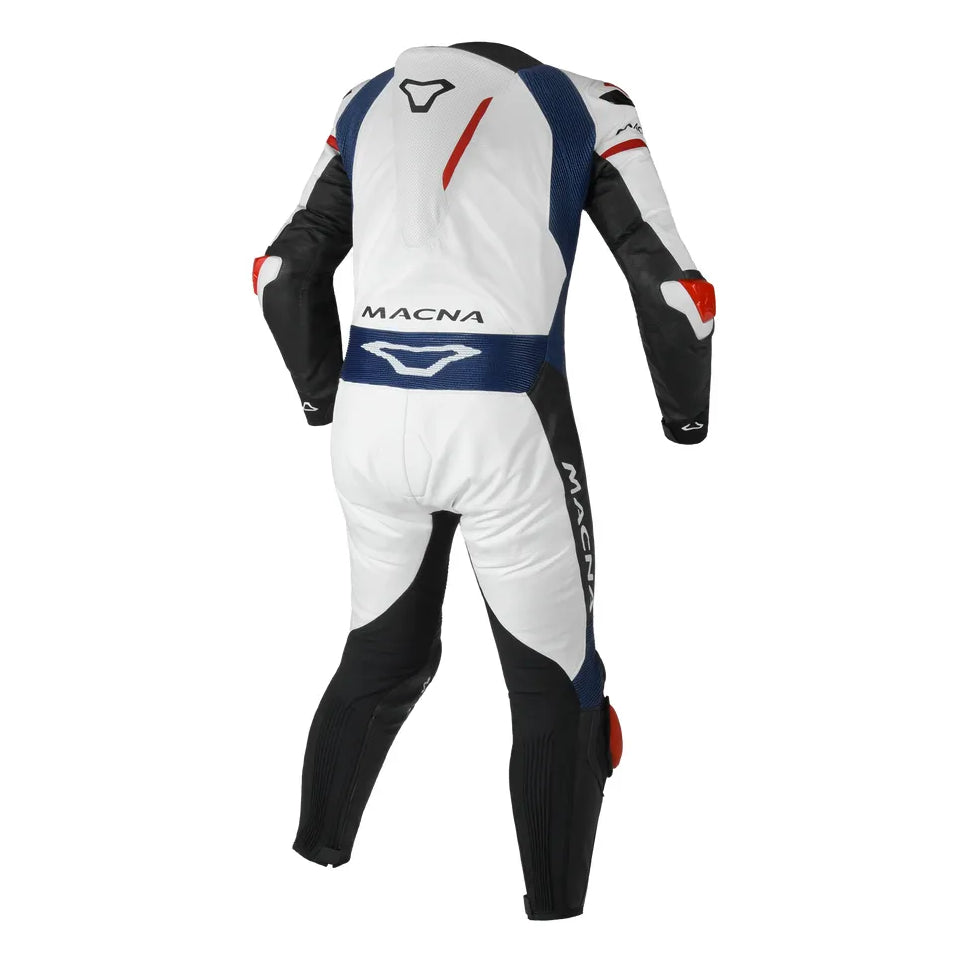 Macna Mizuro 1-Piece Leather Suit White / Blue – one-piece motorcycle leather suit rear view