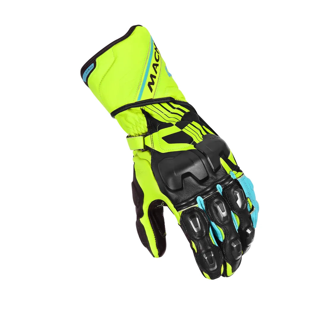 Macna Powertrack Leather Gloves Fluo Yellow / Black / Blue - FREE UK Shipping, FREE 365 Day Returns | Moto Central