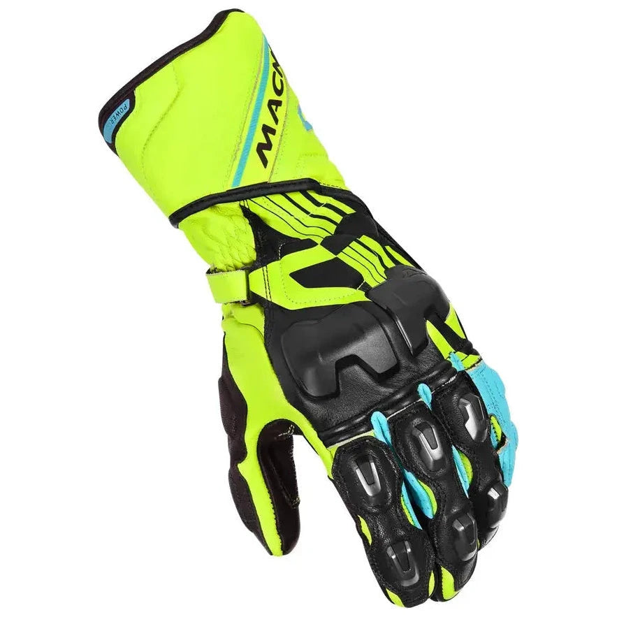 Macna Powertrack Leather Gloves Fluo Yellow / Black / Blue – knuckle view