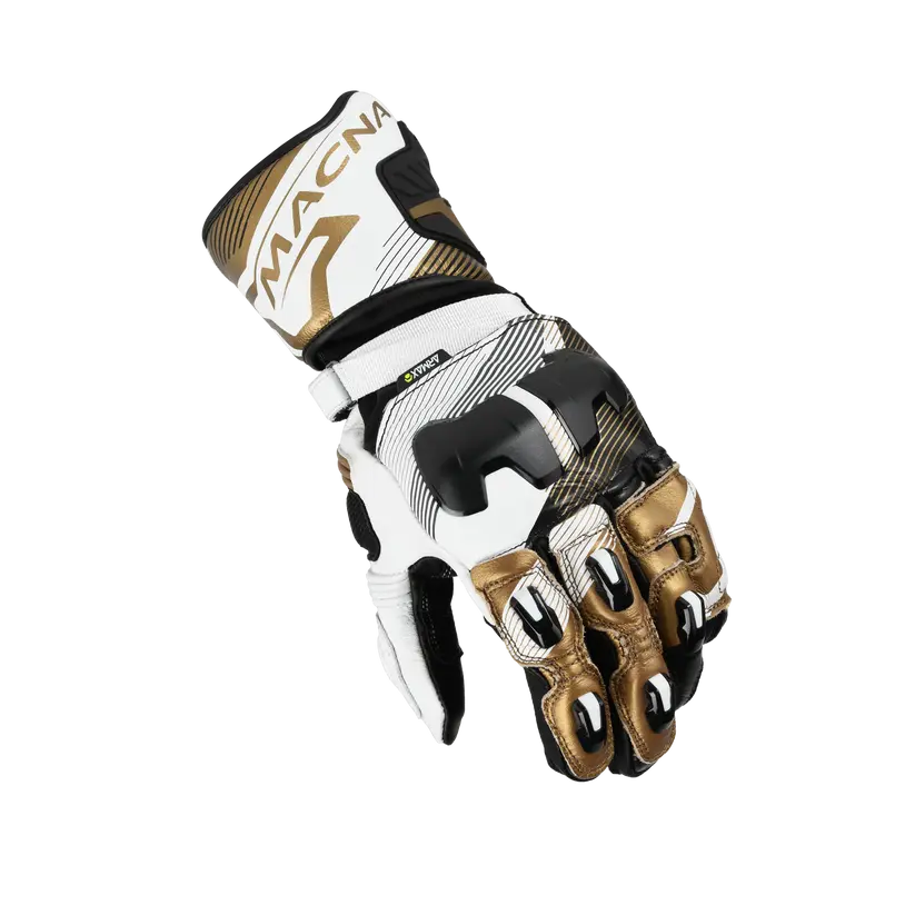 Macna Powertrack 2.0 Leather Gloves Black / White / Gold FREE UK Delivery, FREE 365 Day Returns | Moto Central