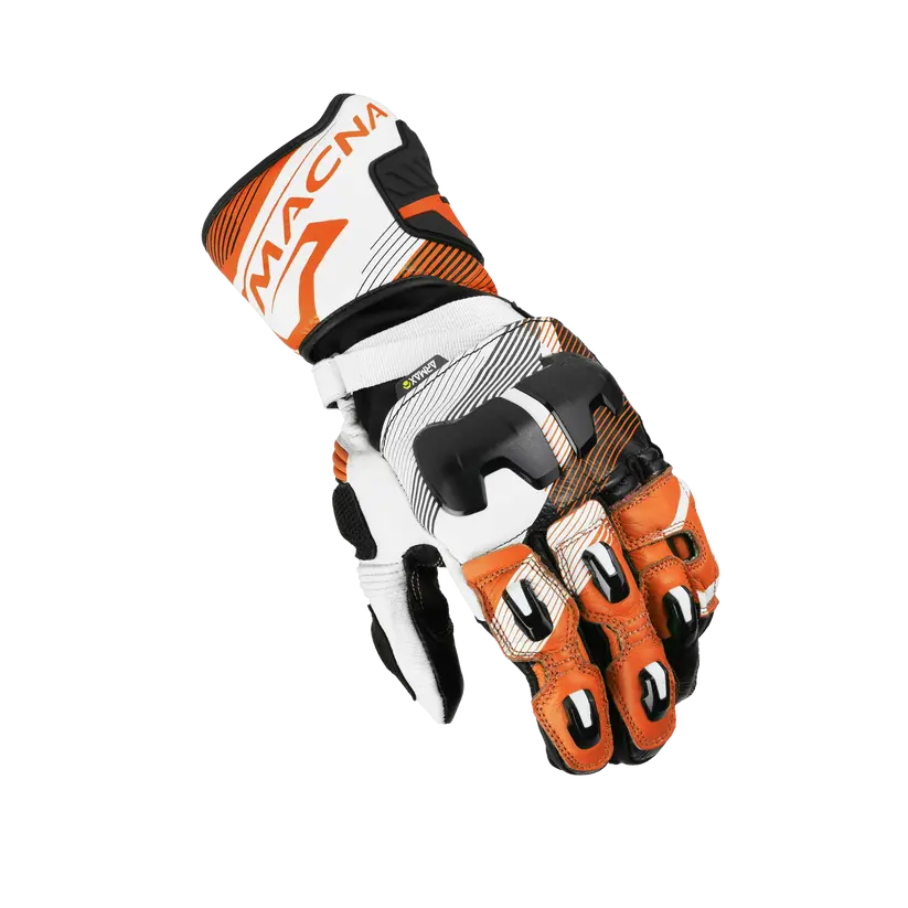Macna Powertrack 2.0 Leather Gloves Black / Orange / White FREE UK Delivery, FREE 365 Day Returns | Moto Central