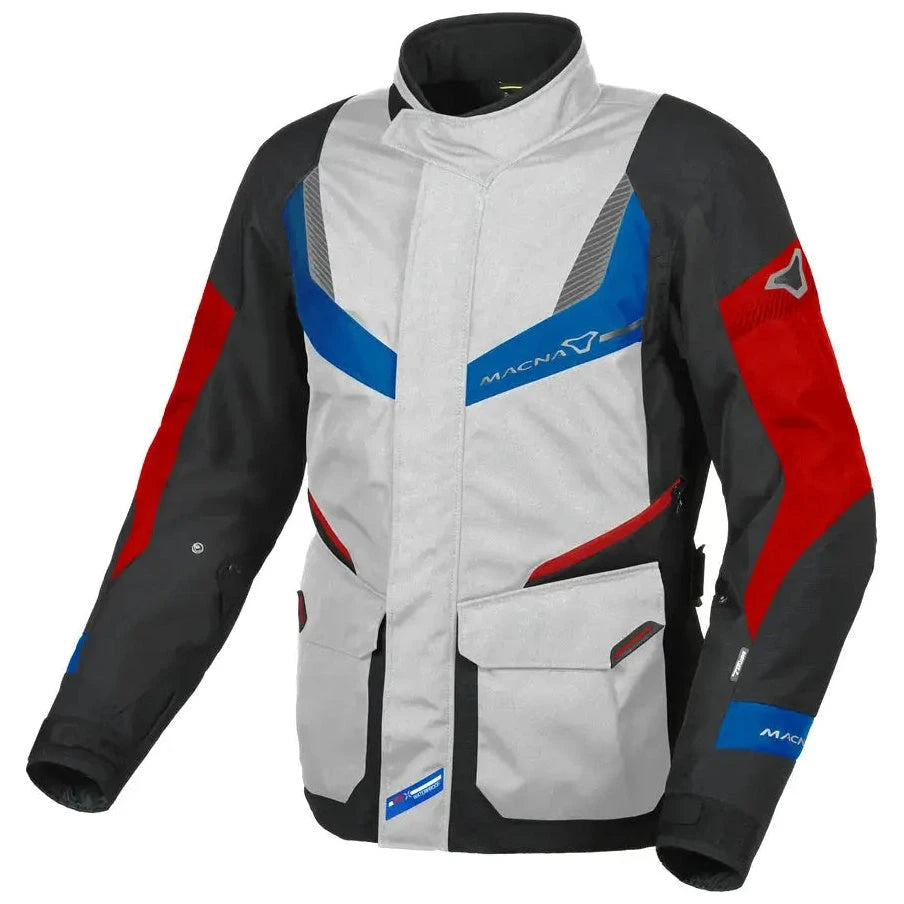 Macna Rancher Textile Jacket Light Grey / Blue / Red – front view