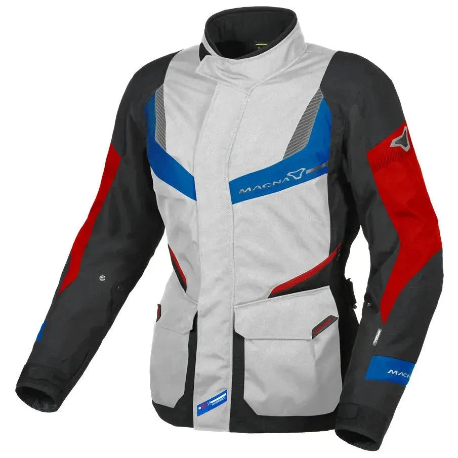 Macna Rancher Ladies Textile Jacket Light Grey / Blue / Red – front view