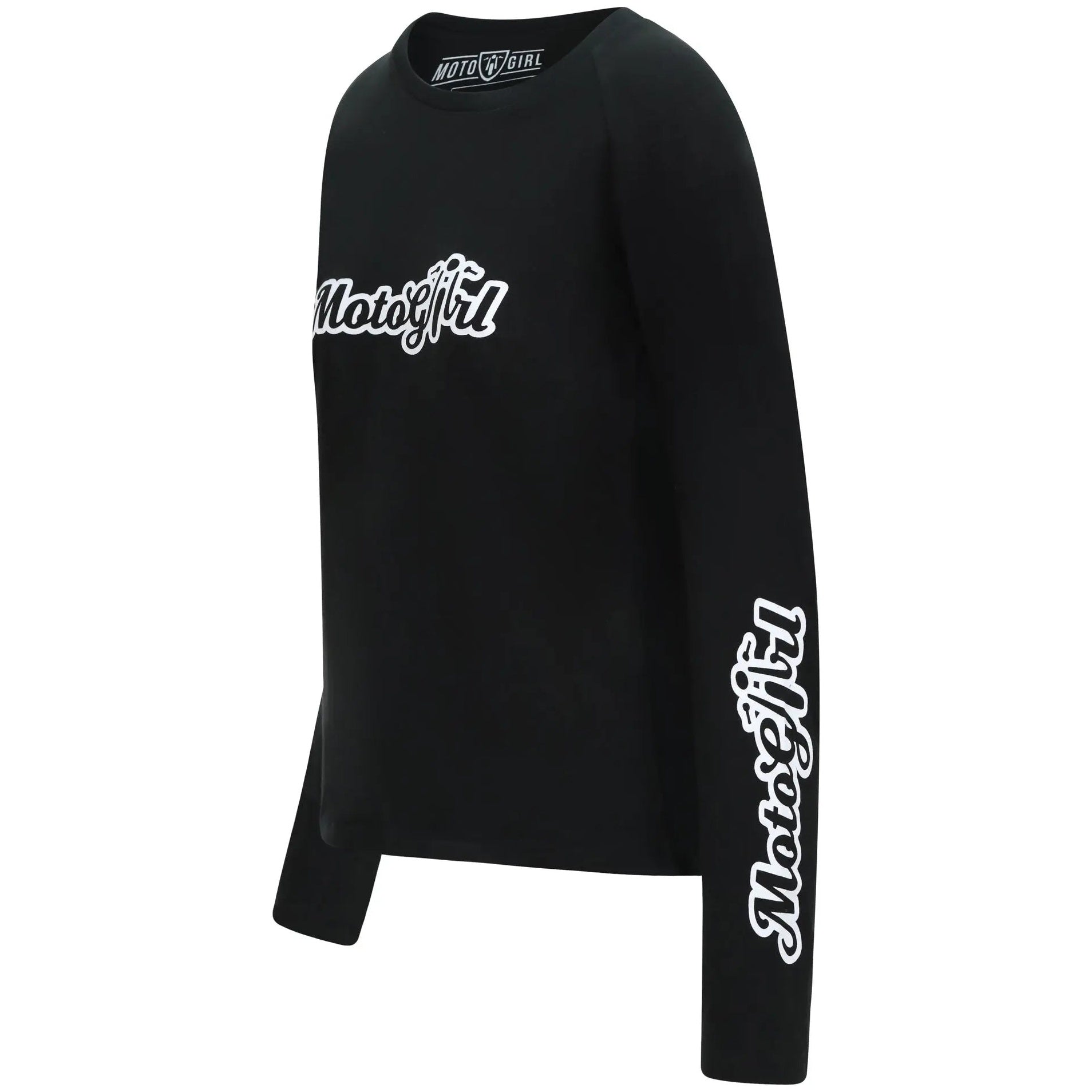 MotoGirl Classic Ladies Long Sleeves T-Shirt Black — three-quarter front view