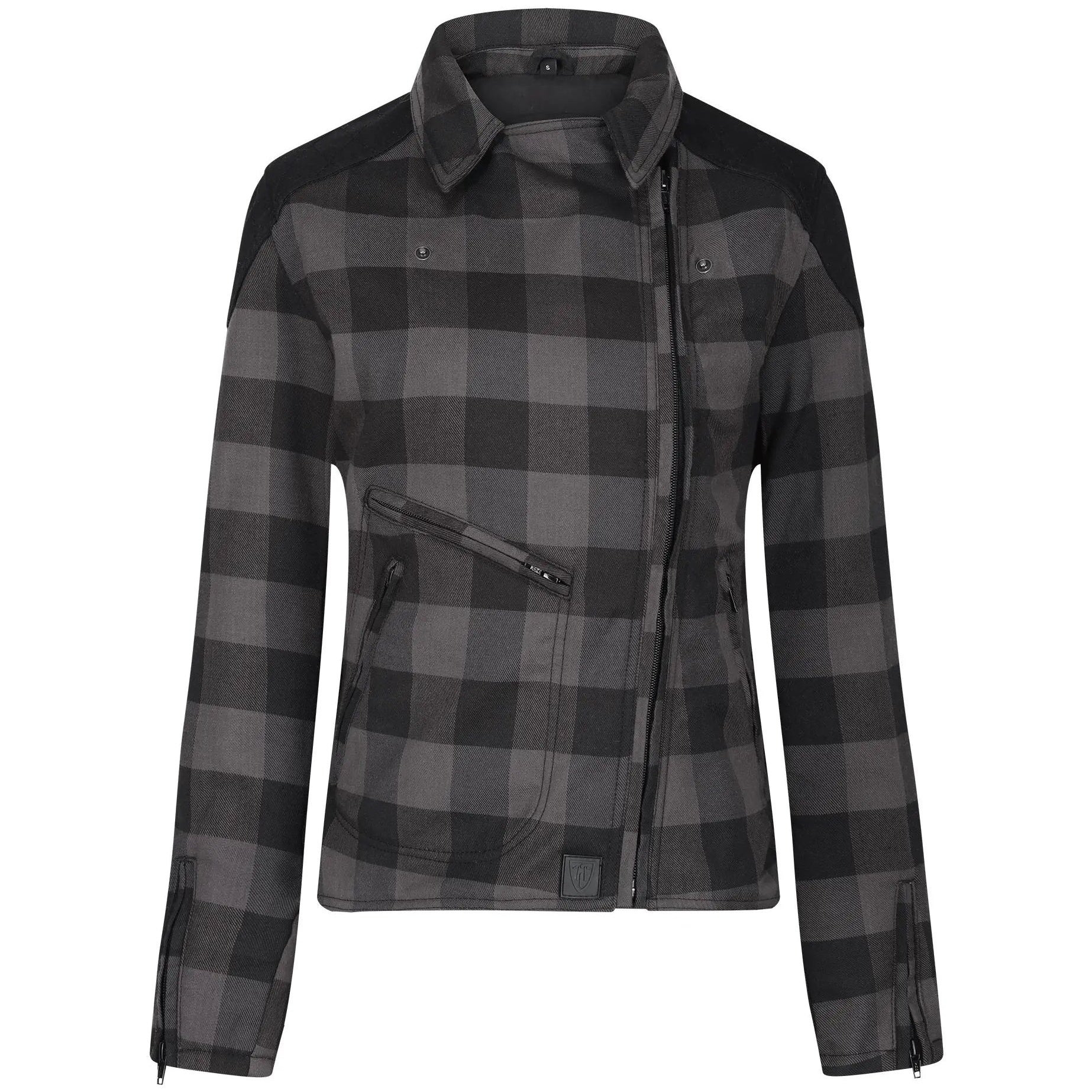 MotoGirl Jessie Flannel Ladies Textile Jacket Grey — front view with jacket closed