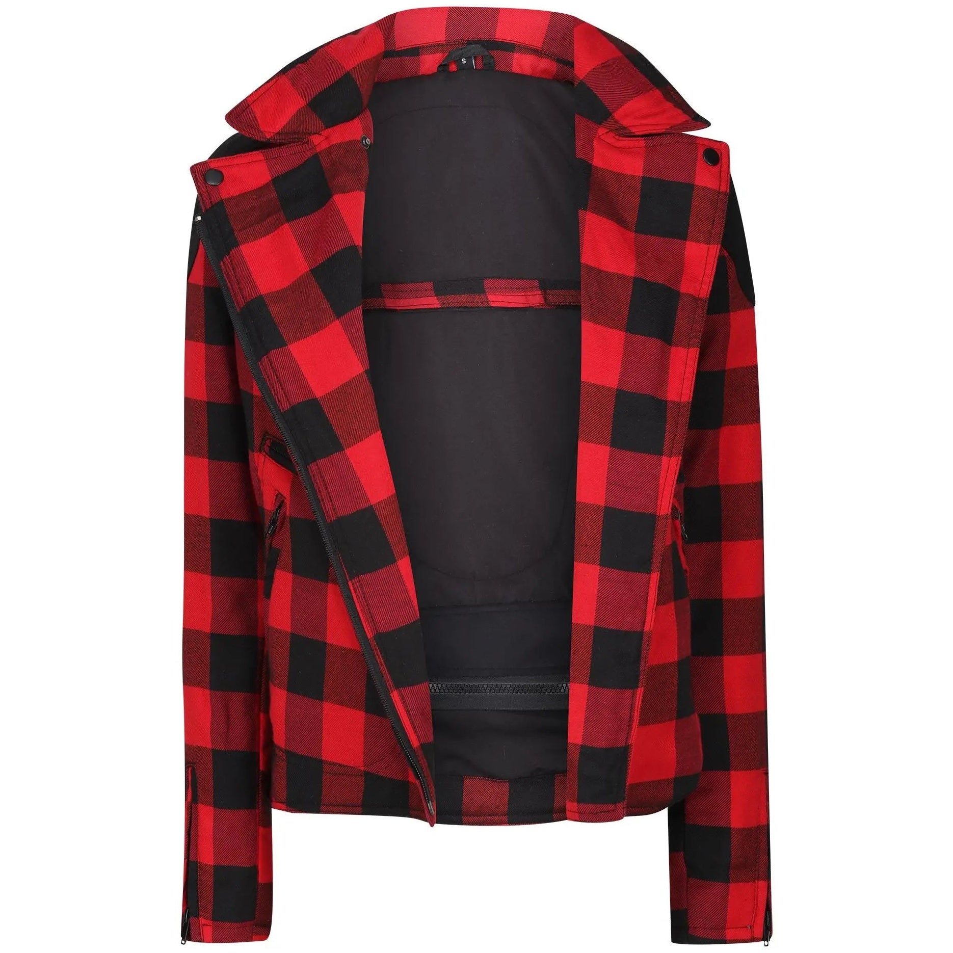 MotoGirl Jessie Flannel Ladies Textile Jacket Red — interior view with jacket open