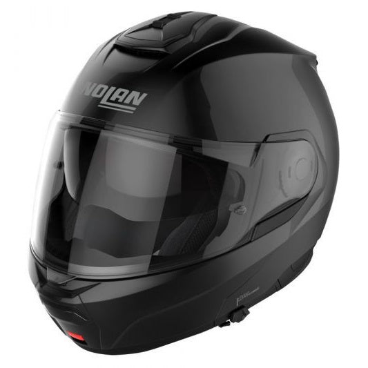Nolan N100-6 Classico Modular Black flip-up motorcycle helmet, left-front three-quarter view with chin bar closed