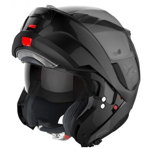 Nolan N100-6 Classico Modular Black flip-up motorcycle helmet, front-right three-quarter view with chin bar raised