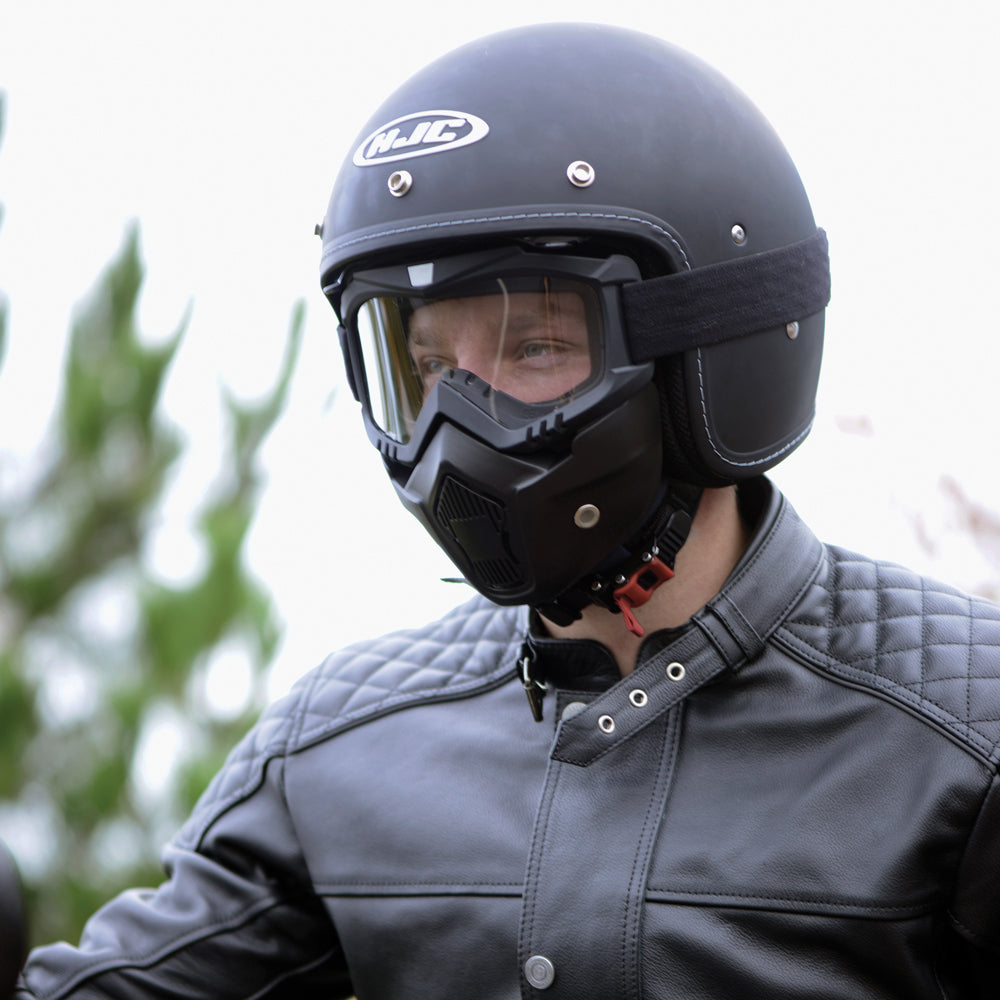 Oxford Assault Mask Black - worn with an open-face helmet