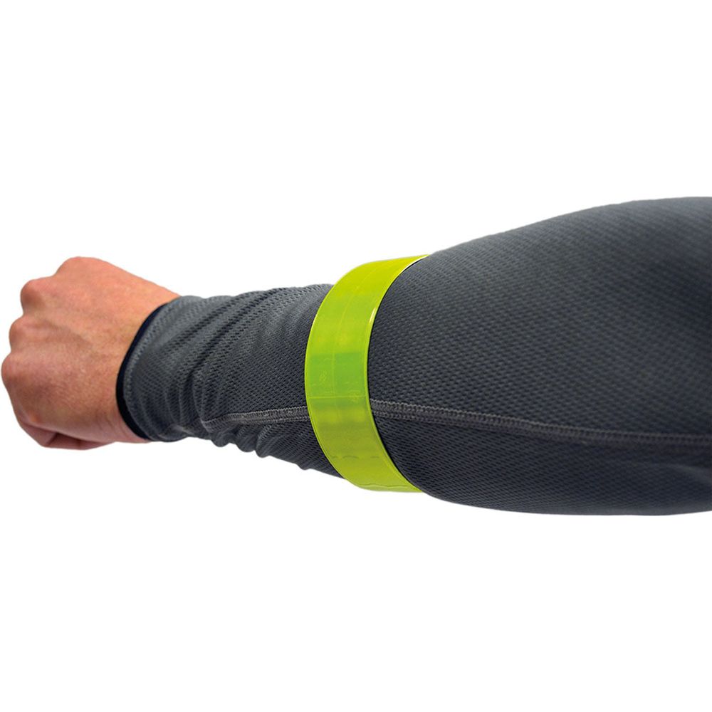 Oxford Bright Arm Wrap Band Yellow, worn around a rider's sleeve