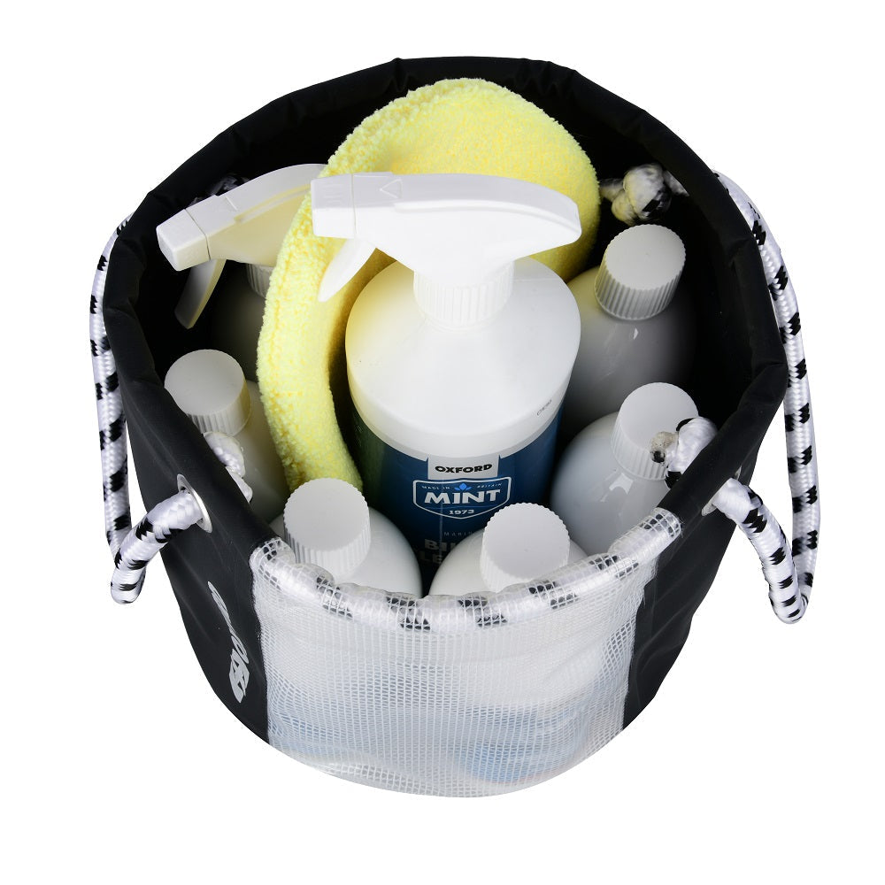 Oxford Bucket Bag Black For Workshop Cleaning Products - 12 Litres, open bucket bag holding workshop cleaning products