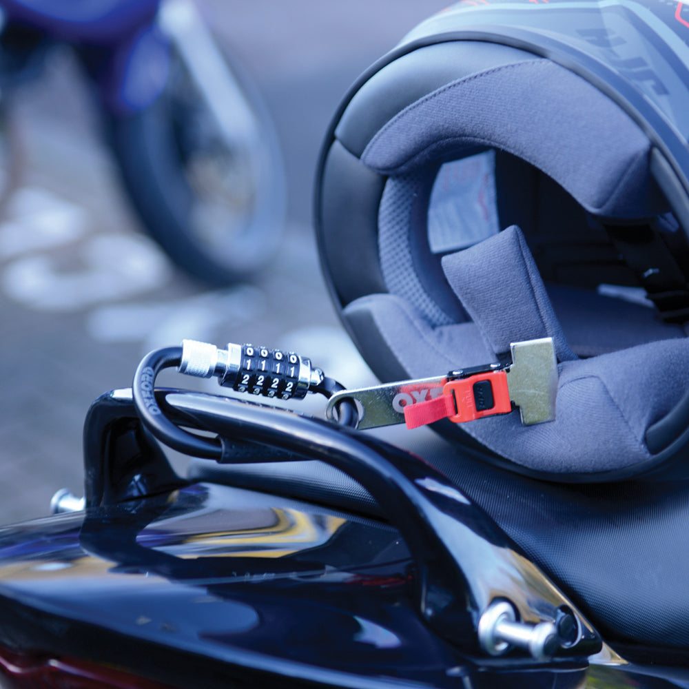Oxford Helmet LidLock Black - helmet locked to a motorcycle