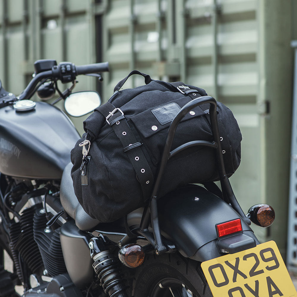 Oxford Heritage Roll Bag Black - 30 Litres fitted to motorcycle side view