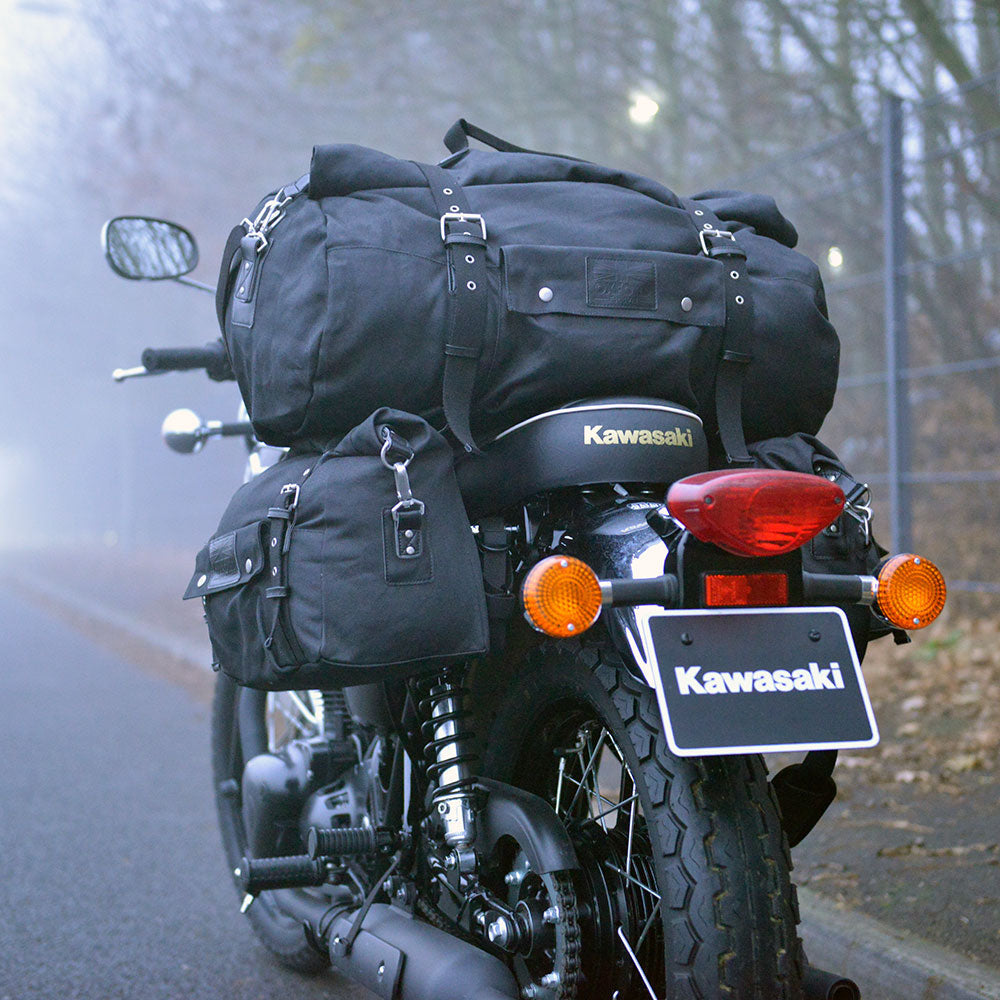 Oxford Heritage Roll Bag Black - 30 Litres fitted to motorcycle rear view