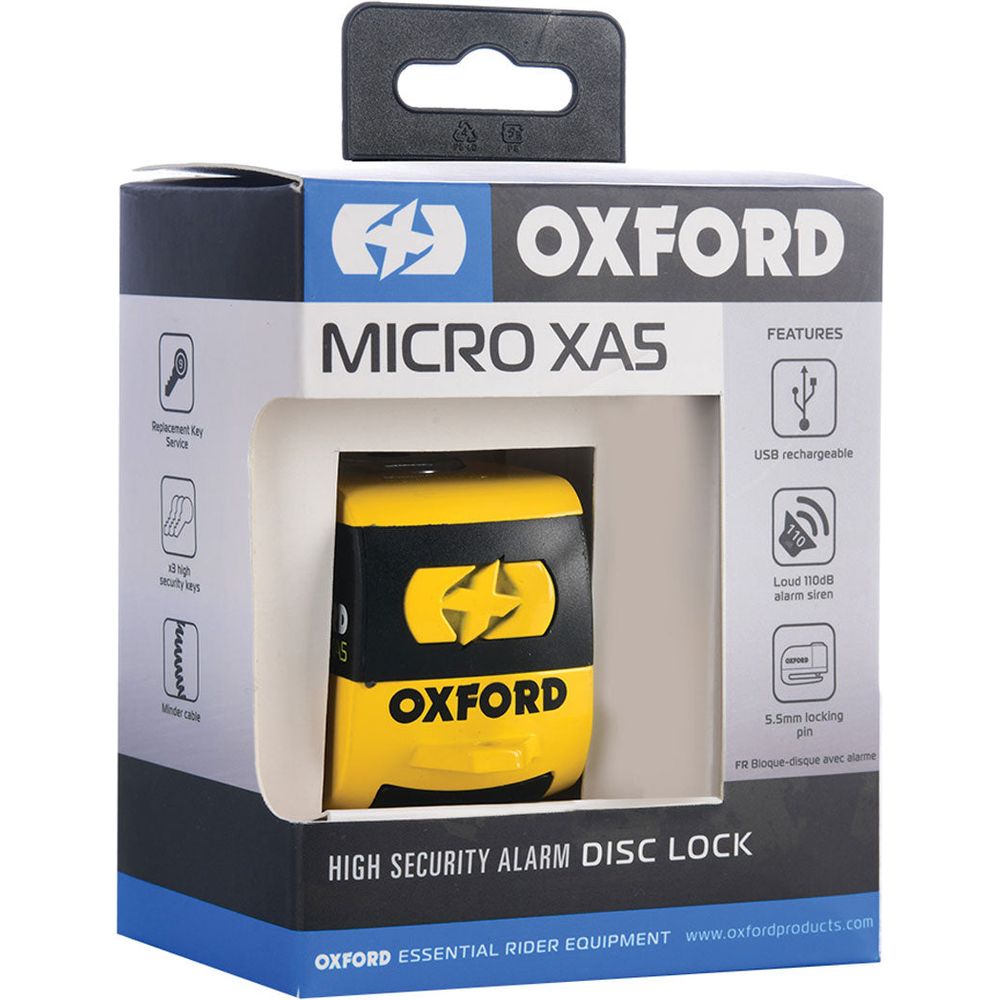 Oxford Micro XA5 Alarm Disc Lock Yellow / Black, retail packaging