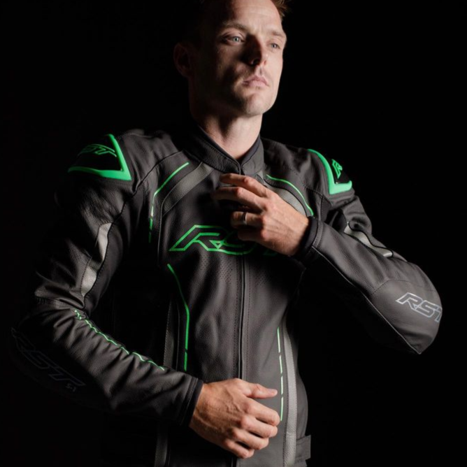 RST S1 CE Leather Jacket Black / Grey / Neon Green