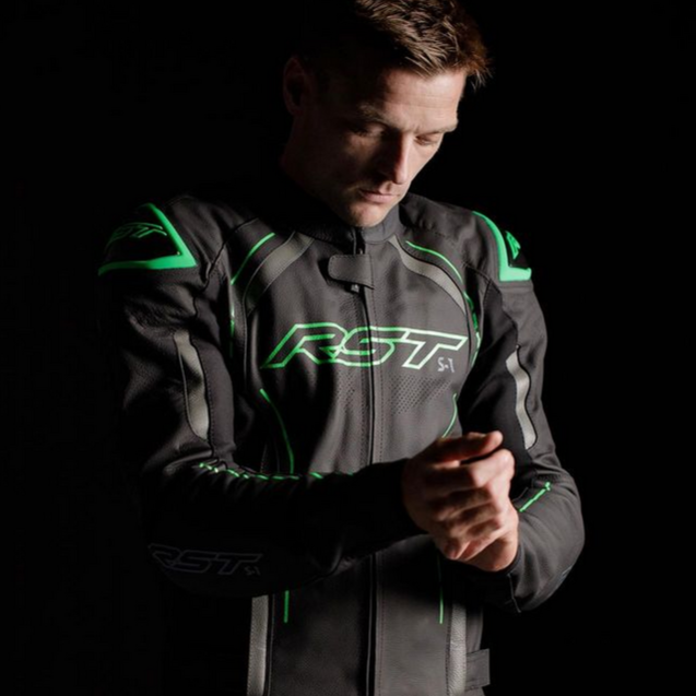 RST S1 CE Leather Jacket Black / Grey / Neon Green
