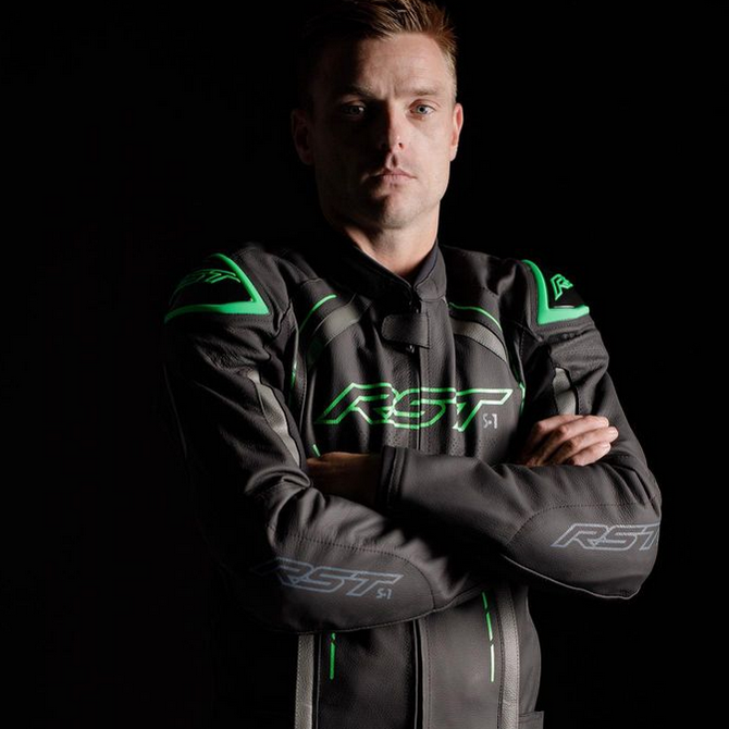 RST S1 CE Leather Jacket Black Grey Neon Green
