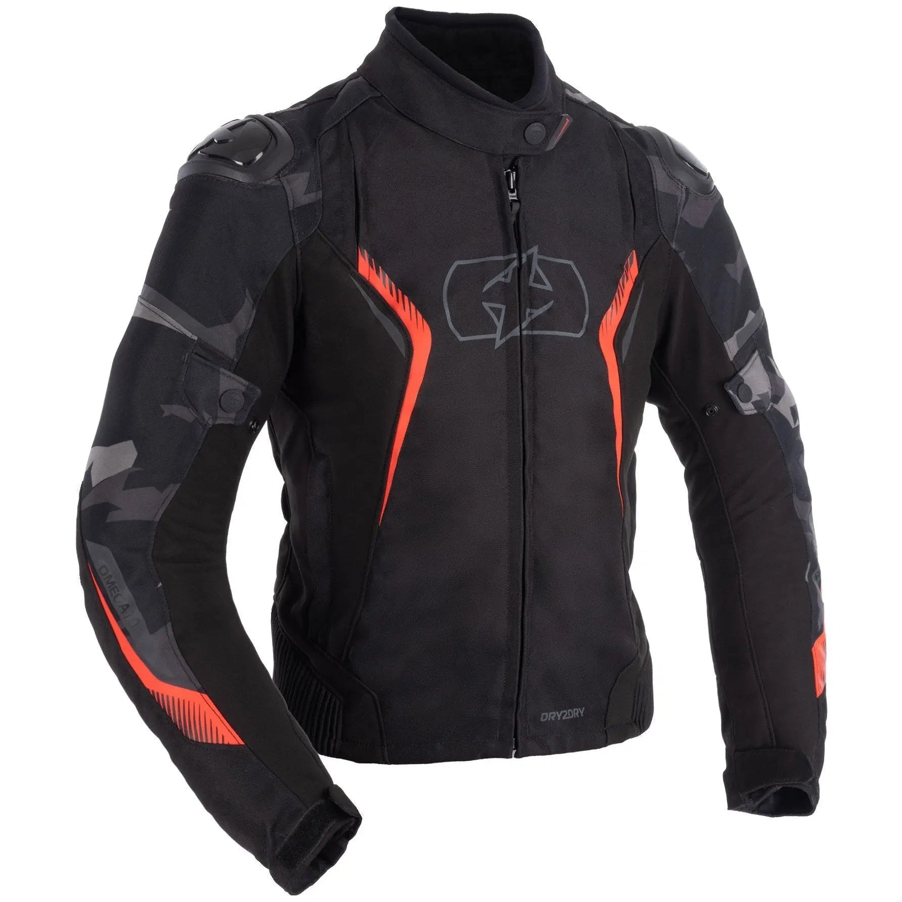 Oxford Omega 1.0 Dry2Dry Women's Waterproof Motorcycle Jacket Black / Camo / Red front product view