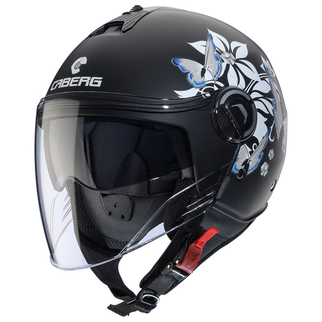 Caberg Riviera V4X Mia Matt Black / White / Grey / Light Blue open-face motorcycle helmet, right-front three-quarter view