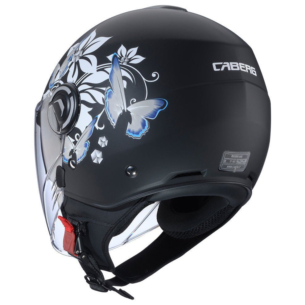 Caberg Riviera V4X Mia Matt Black / White / Grey / Light Blue open-face motorcycle helmet, rear-right three-quarter view