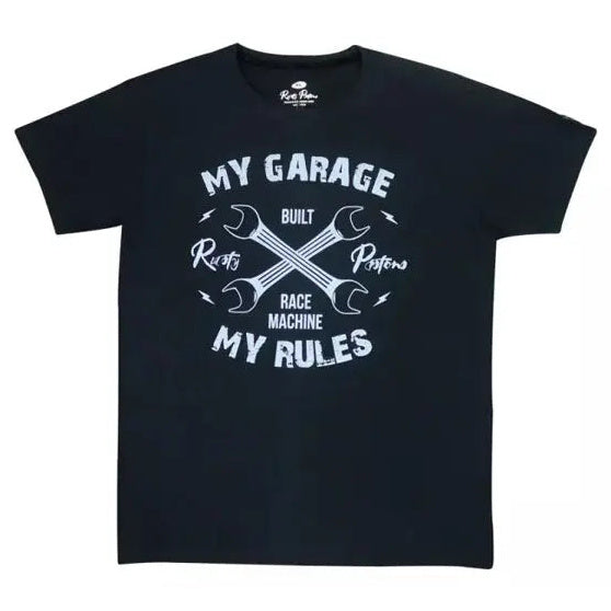 Rusty Pistons Garage T-Shirt Black — front product view