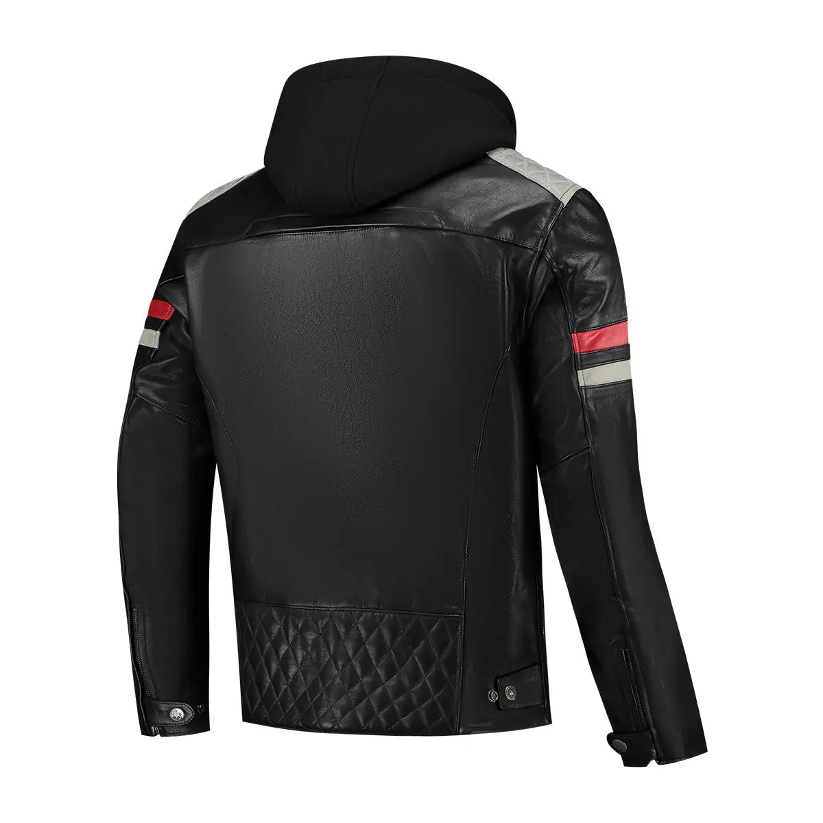 Rusty Stitches Jari Hooded V2 Leather Jacket Black / Light Grey / Red - FREE UK Shipping, FREE 365 Day Returns | Moto Central