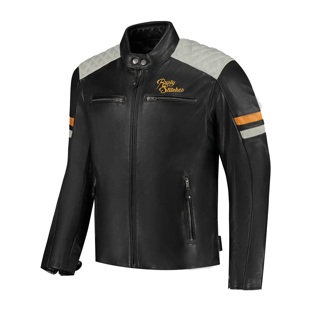 Rusty Stitches Jari V2 Leather Jacket Black / Light Grey / Gold - FREE UK Shipping, FREE 365 Day Returns | Moto Central