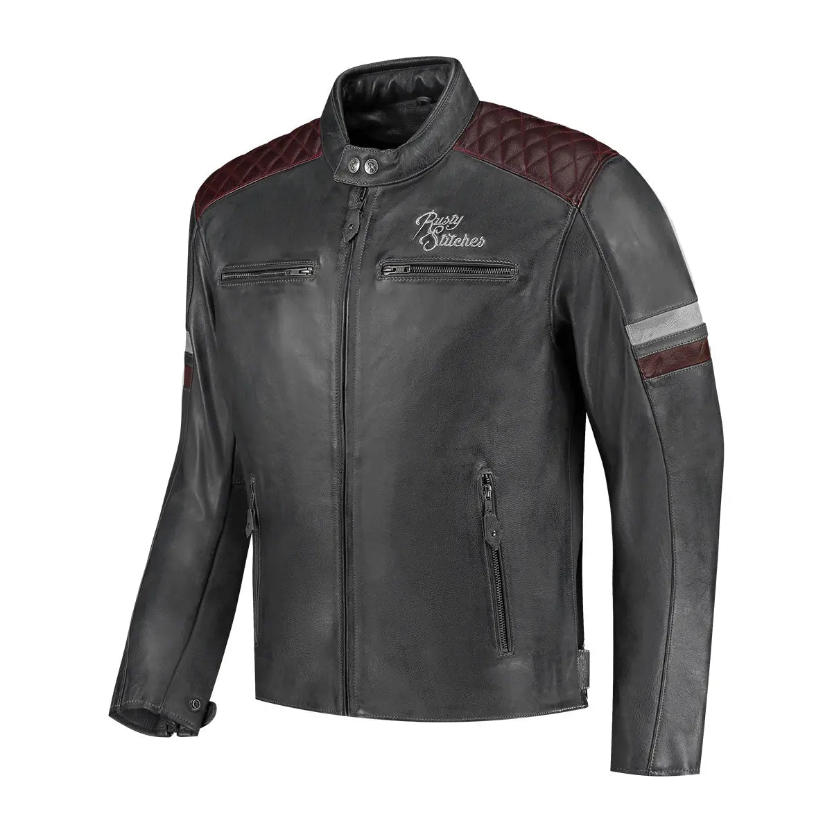 Rusty Stitches Jari V2 Leather Jacket Grey / Light Grey / Maroon - FREE UK Shipping, FREE 365 Day Returns | Moto Central
