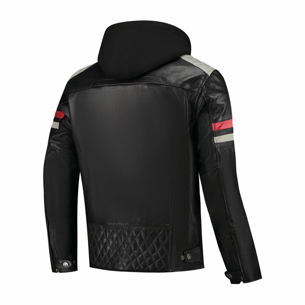 Rusty Stitches Jari Hooded V2 Leather Jacket Black / Light Grey / Red - FREE UK Delivery, FREE 365 Day Returns | Moto Central