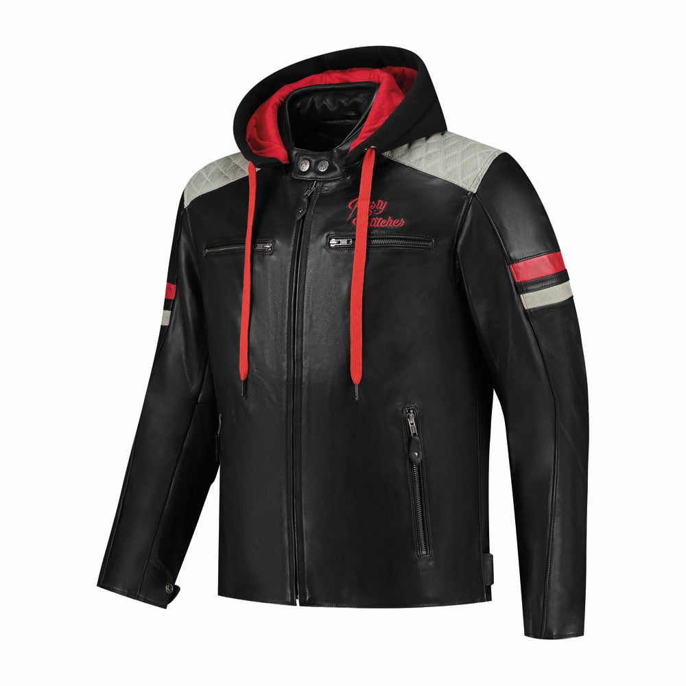 Rusty Stitches Jari Hooded V2 Leather Jacket Black / Light Grey / Red - FREE UK Delivery, FREE 365 Day Returns | Moto Central