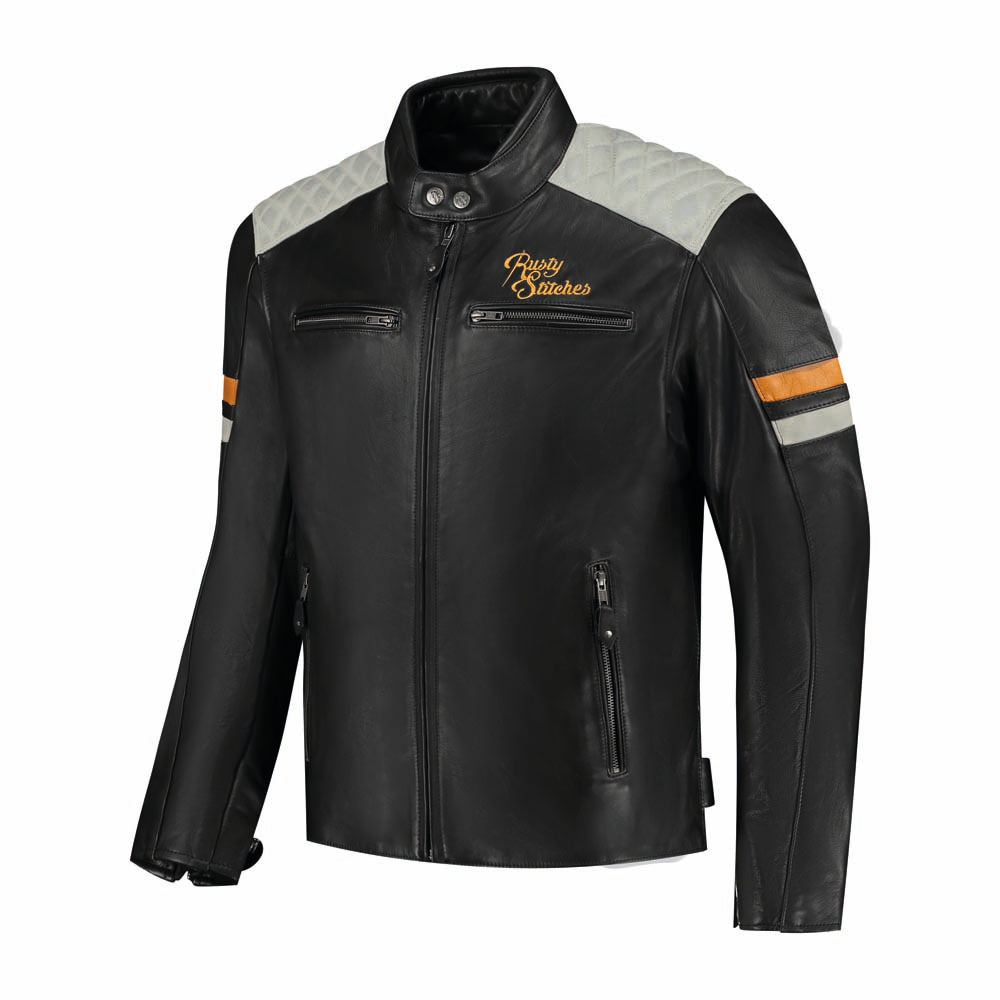 Rusty Stitches Jari V2 Leather Jacket Black / Light Grey / Gold - FREE UK Delivery, FREE 365 Day Returns | Moto Central