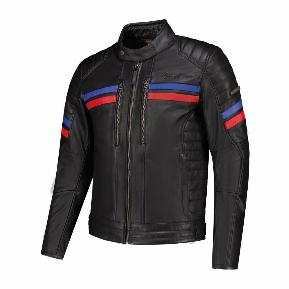 Rusty Stitches Steve Leather Jacket Black / Red / Blue - FREE UK Delivery, FREE 365 Day Returns | Moto Central